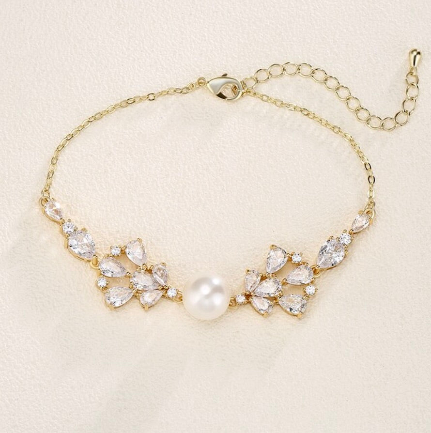 Pearl Wedding Jewelry - Pearl and Cubic Zirconia Bridal Bracelet - Available in Silver, Rose Gold and Yellow Gold