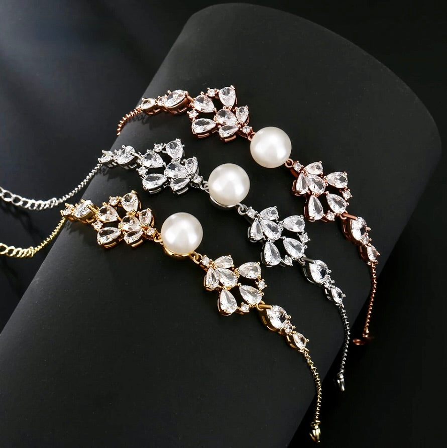 Pearl Wedding Jewelry - Pearl and Cubic Zirconia Bridal Bracelet - Available in Silver, Rose Gold and Yellow Gold