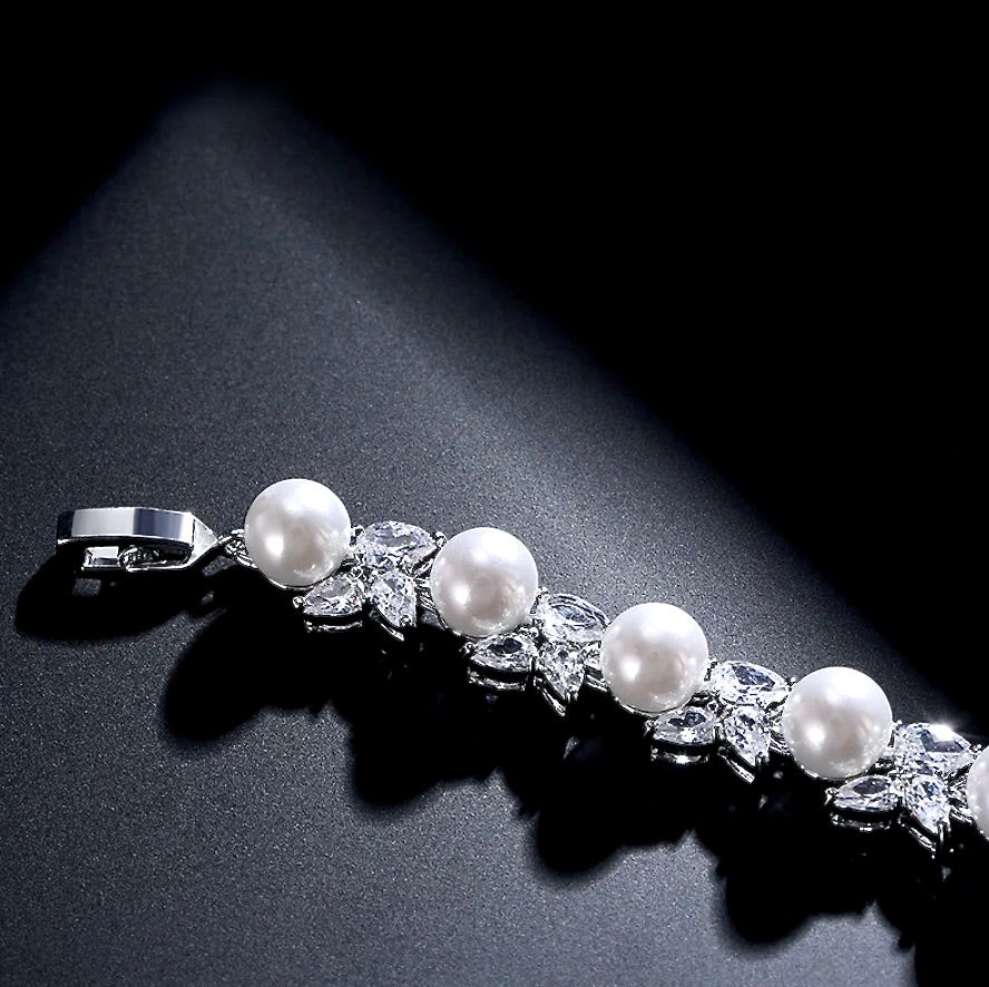 Pearl Wedding Jewelry - Pearl and Cubic Zirconia Bridal Bracelet