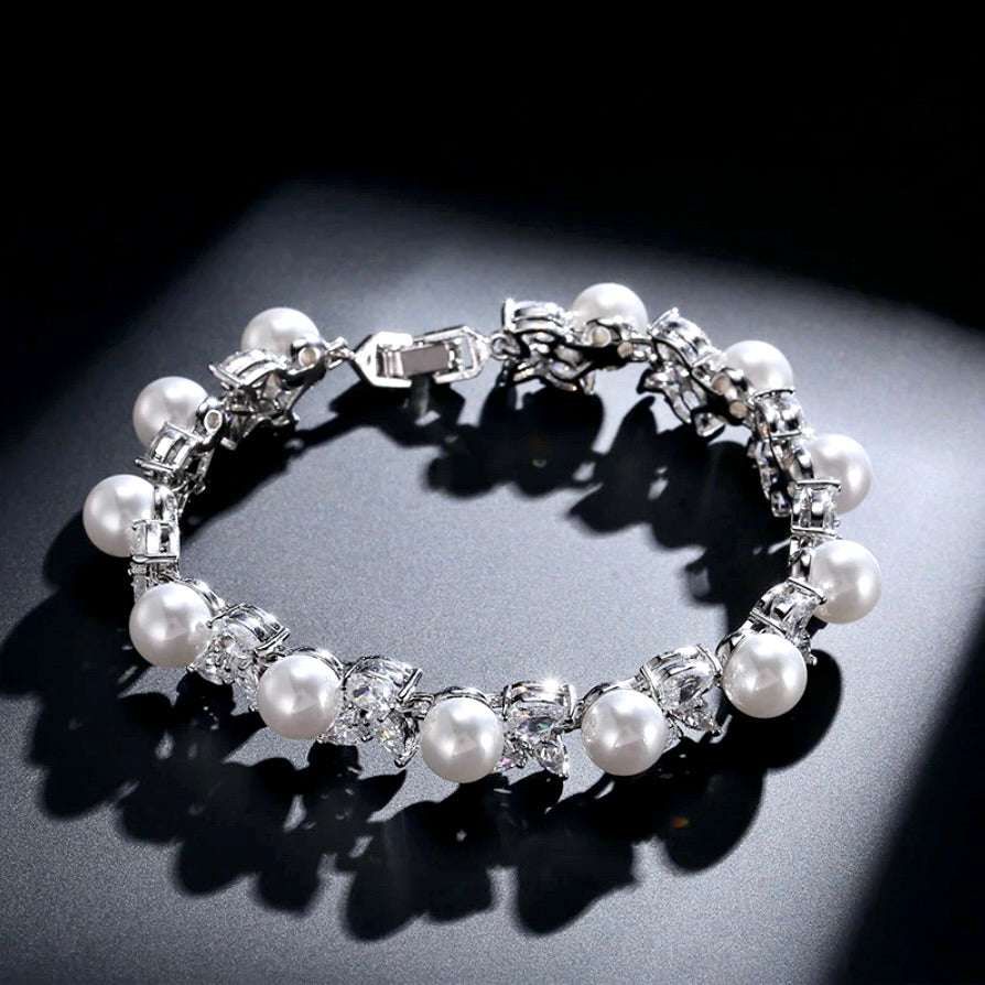 Pearl Wedding Jewelry - Pearl and Cubic Zirconia Bridal Bracelet