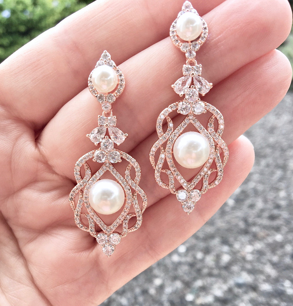 "Versailles" - Pearl and Cubic Zirconia Bridal Earrings - Available in Rose Gold and Silver