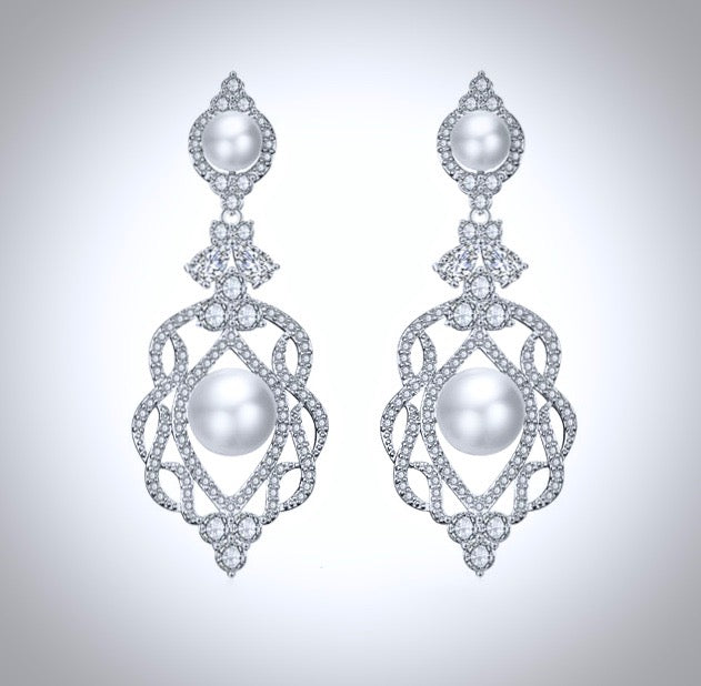 "Versailles" - Pearl and Cubic Zirconia Bridal Earrings - Available in Rose Gold and Silver