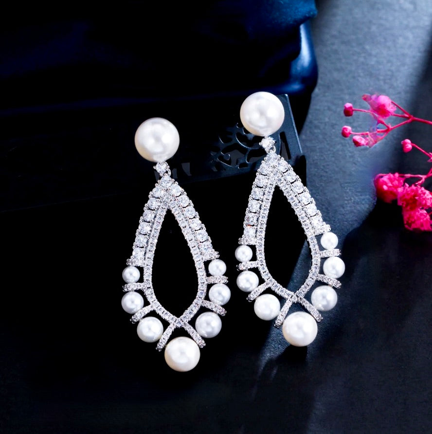 Pearl Wedding Jewelry - Pearl and Cubic Zirconia Bridal Earrings