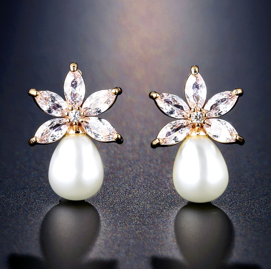 Darlene Pearl and Cubic Zirconia Bridal Earrings Available in Silver and Rose Gold