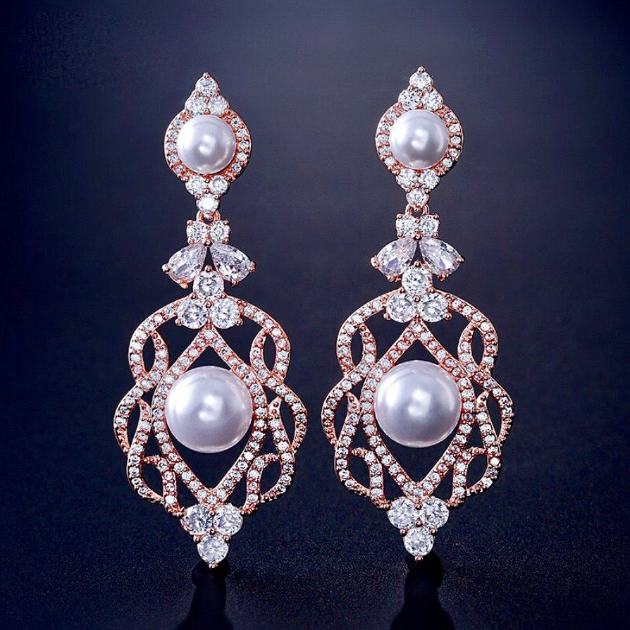Wedding Jewelry Pearl and CZ Bridal Earrings Rose Gold