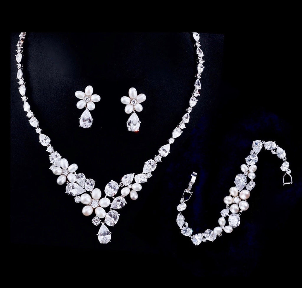 Pearl Wedding Jewelry - Freshwater Pearl and Cubic Zirconia Bridal Jewelry Set
