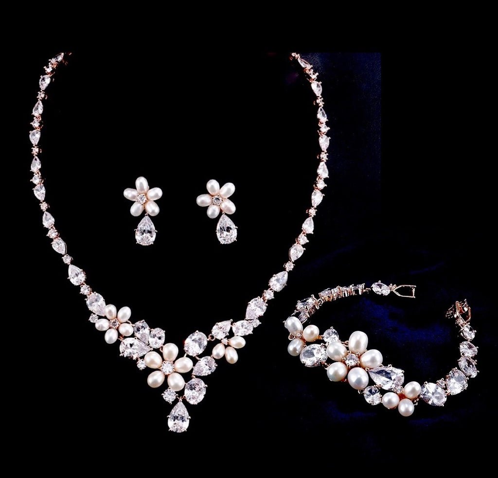 Pearl Wedding Jewelry - Freshwater Pearl and Cubic Zirconia Bridal Jewelry Set