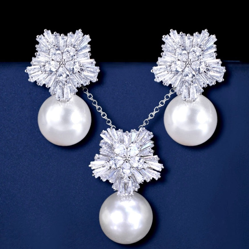 Wedding Pearl Jewelry - Winter Pearl Snowflake Bridal Jewelry Set