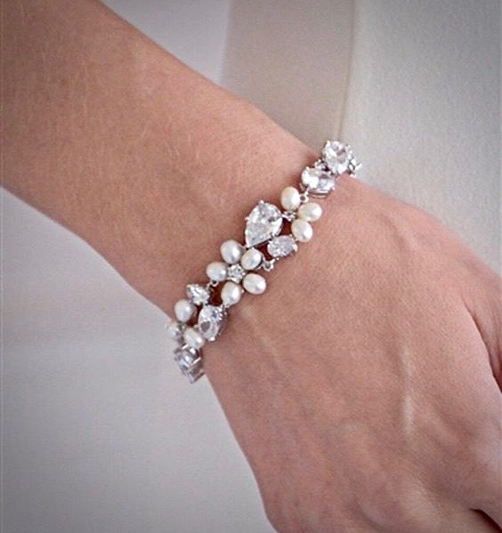 Pearl Wedding Jewelry - Freshwater Pearl and Cubic Zirconia Bridal Bracelet