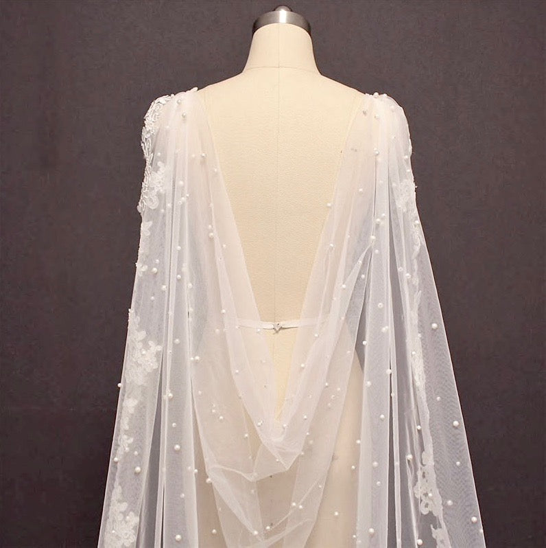 Wedding Veils - Bridal Pearl Cape Veil - Cathedral Length