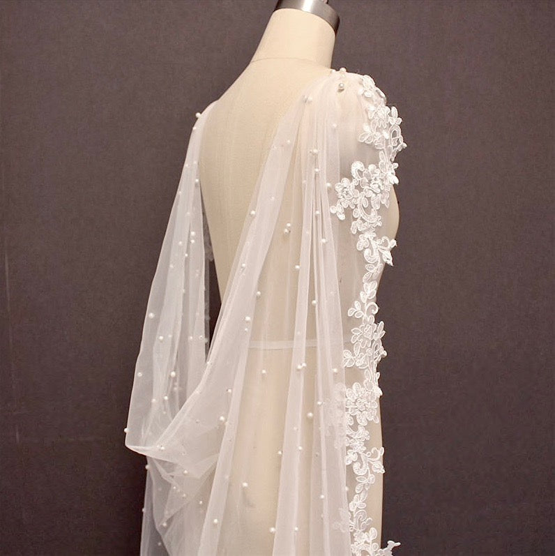 Wedding Veils - Bridal Pearl Cape Veil - Cathedral Length