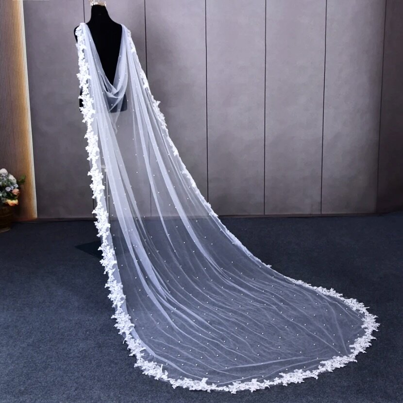 Wedding Veils - Bridal Pearl Cape Veil - Cathedral Length