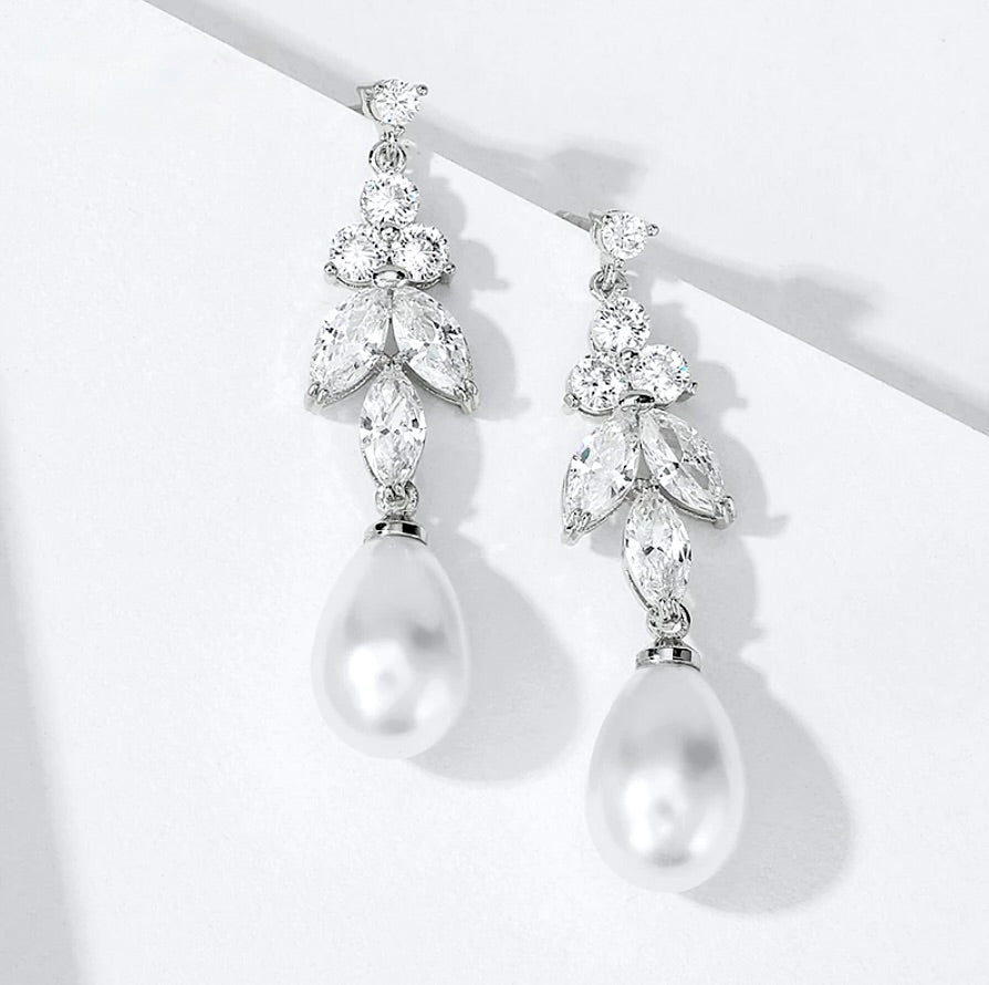 Wedding Jewelry - Pearl and Cubic Zirconia Bridal Earrings - Available in Rose Gold, Silver and Yellow Gold