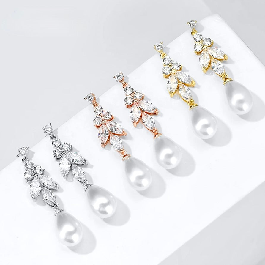 Wedding Jewelry - Pearl and Cubic Zirconia Bridal Earrings - Available in Rose Gold, Silver and Yellow Gold