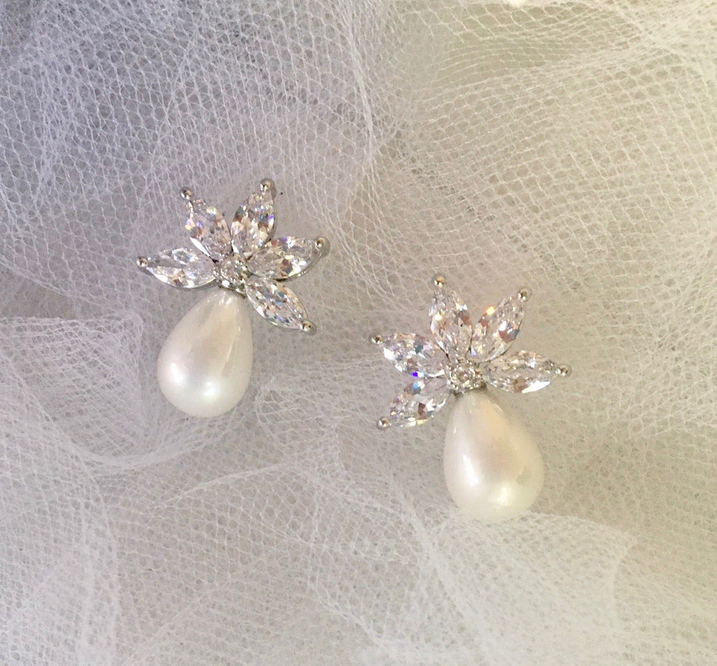 Wedding Jewelry - Pearl and Cubic Zirconia Bridal Earrings - Available in Silver and Rose Gold