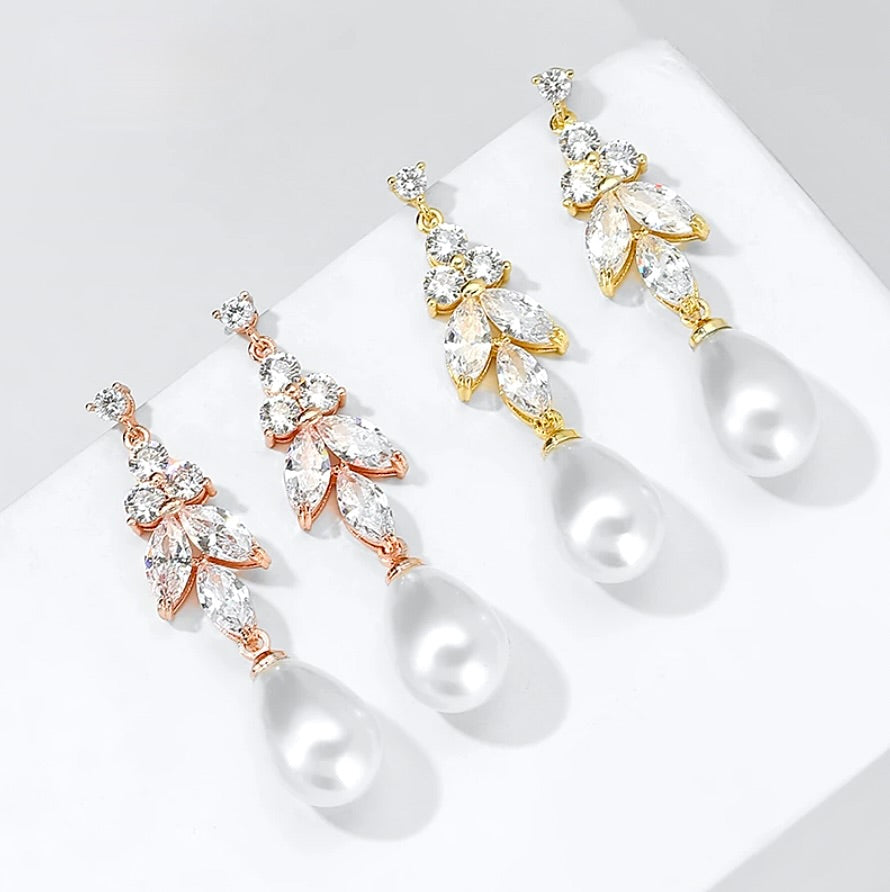 Wedding Jewelry - Pearl and Cubic Zirconia Bridal Earrings - Available in Rose Gold, Silver and Yellow Gold