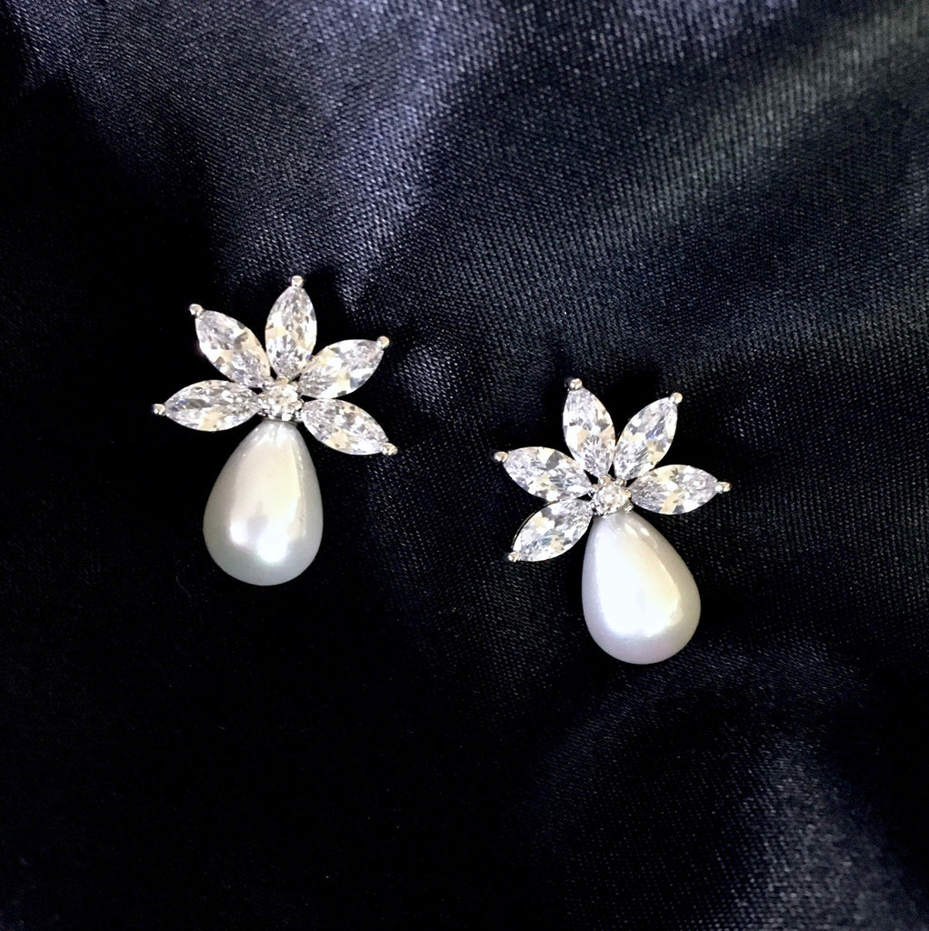 Wedding Jewelry - Pearl and Cubic Zirconia Bridal Earrings - Available in Silver and Rose Gold
