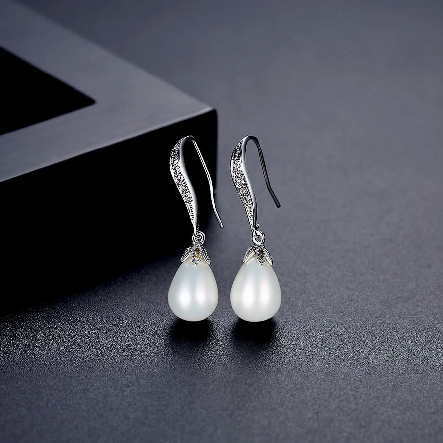 Wedding Jewelry - Pearl and Cubic Zirconia Bridal Earrings