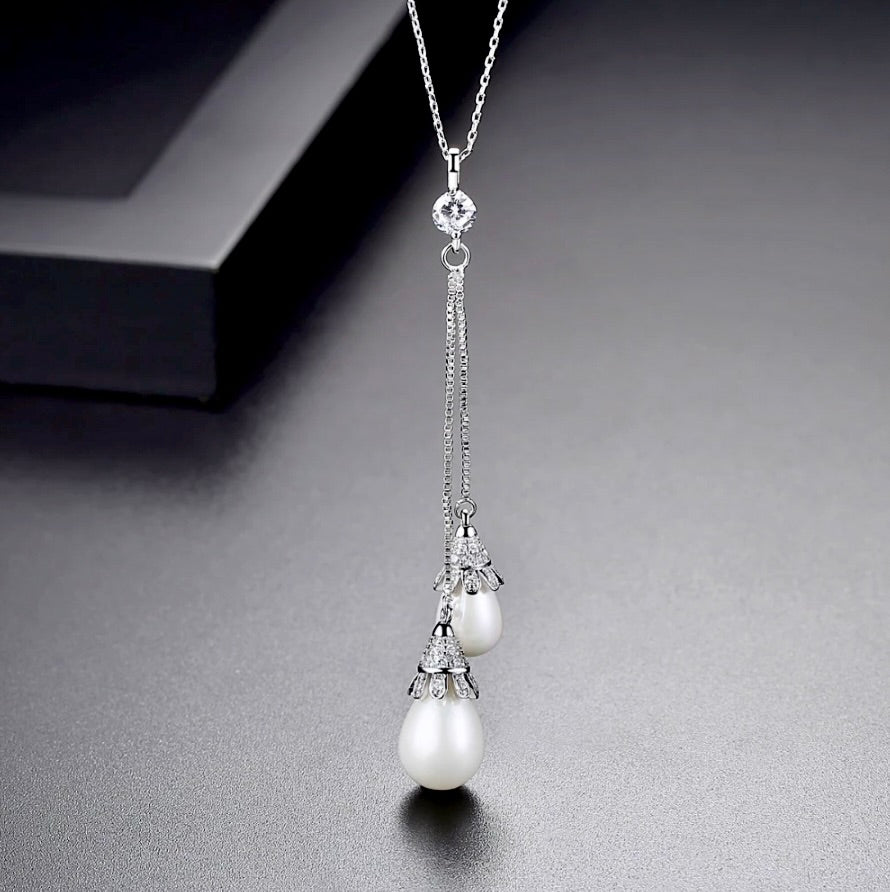 Wedding Jewelry - Pearl Bridal Double Drop Lariat Necklace