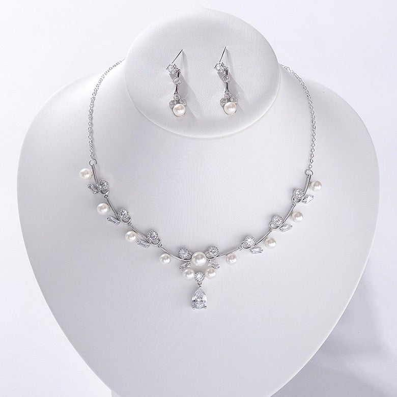 Wedding Jewelry - Silver Pearl and Cubic Zirconia Bridal Jewelry Set