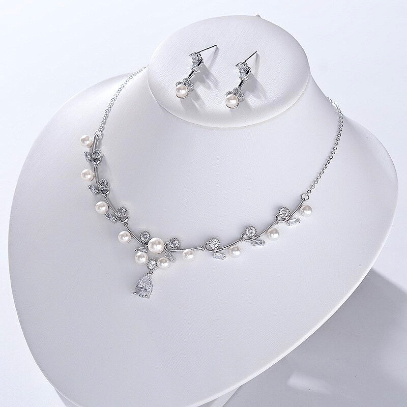 Wedding Jewelry - Silver Pearl and Cubic Zirconia Bridal Jewelry Set