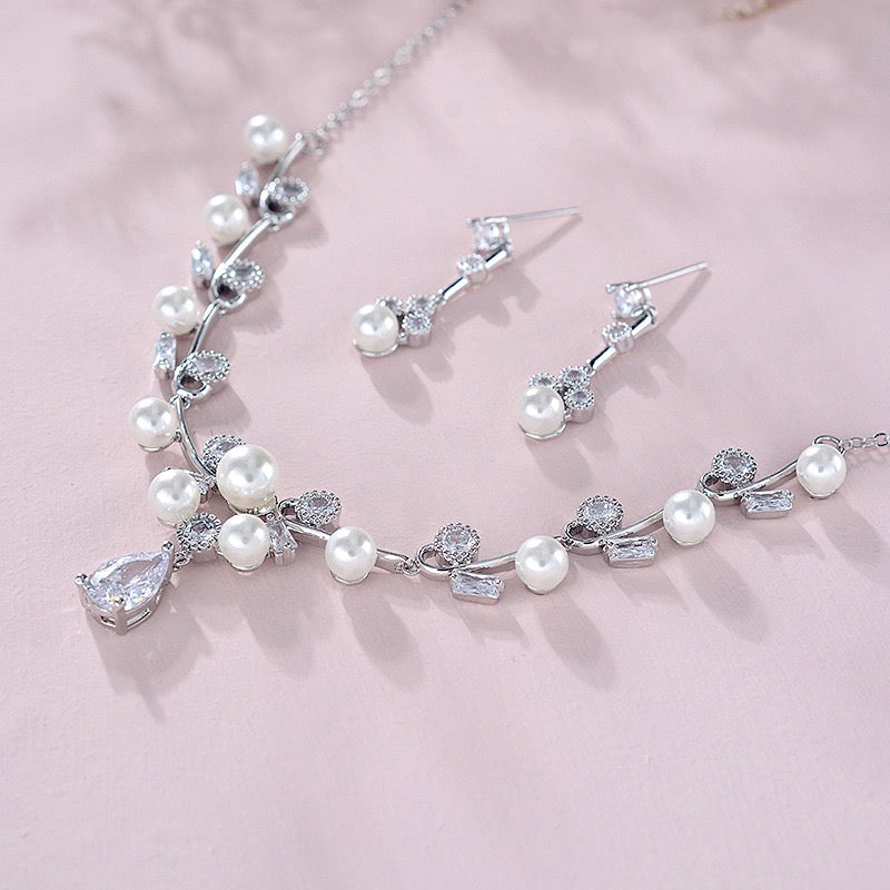 Wedding Jewelry - Silver Pearl and Cubic Zirconia Bridal Jewelry Set