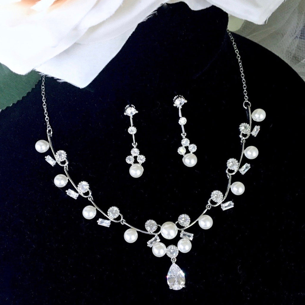 Wedding Jewelry - Silver Pearl and Cubic Zirconia Bridal Jewelry Set