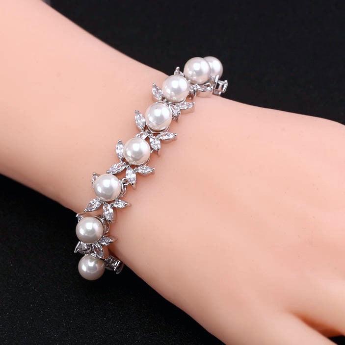 Wedding Jewelry - Pearl and Cubic Zirconia Bridal Bracelet - Available in Silver, Rose Gold and Yellow Gold