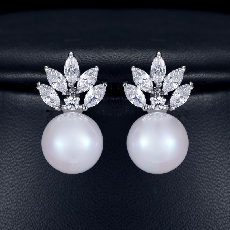 Wedding Jewelry - Pearl and Cubic Zirconia Bridal Earrings