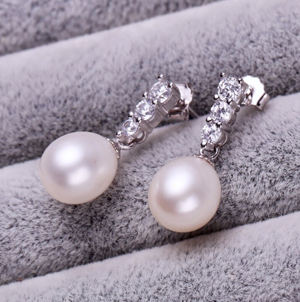 Pearl Wedding Jewelry - Sterling Silver Pearl and Cubic Zirconia Bridal Jewelry Set