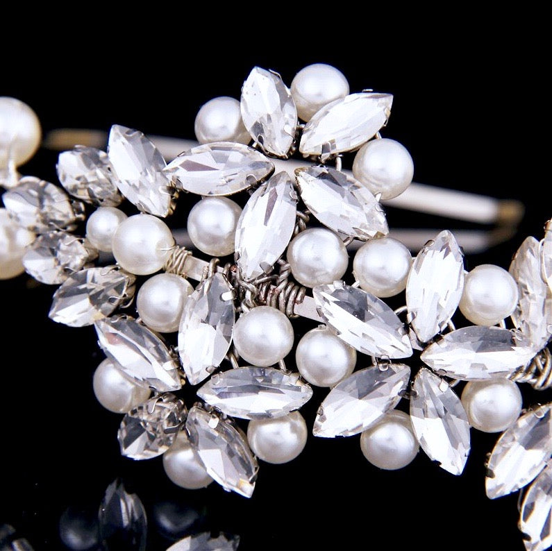 Wedding Hair Accessories - Silver Pearl and Crystal Bridal Side-Headband