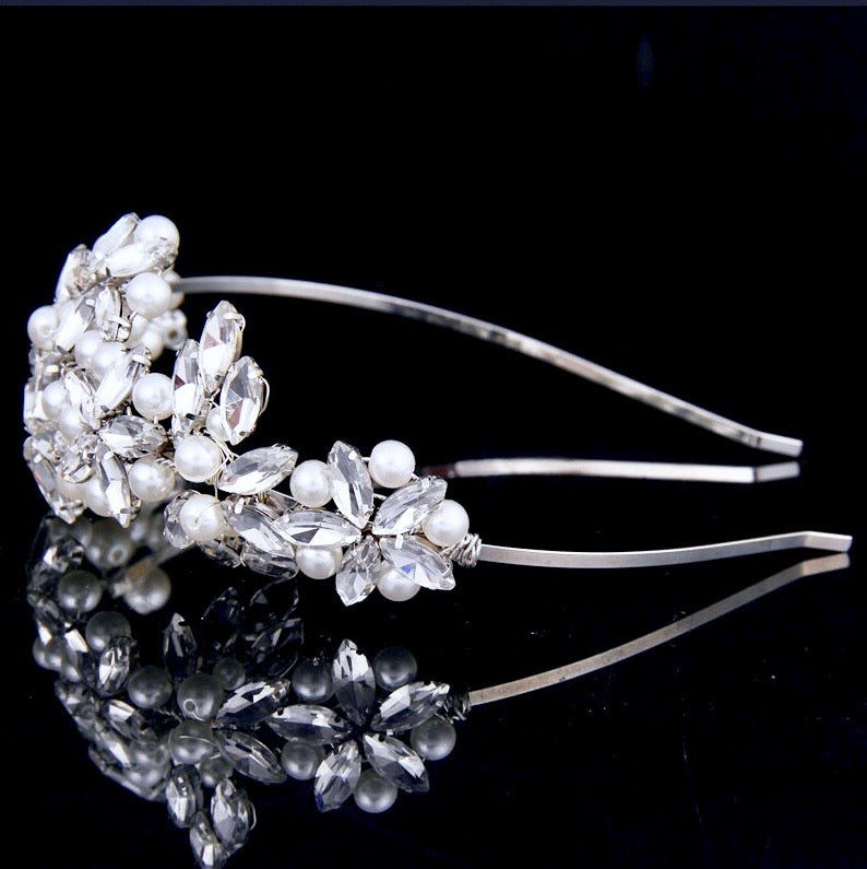 Wedding Hair Accessories - Silver Pearl and Crystal Bridal Side-Headband