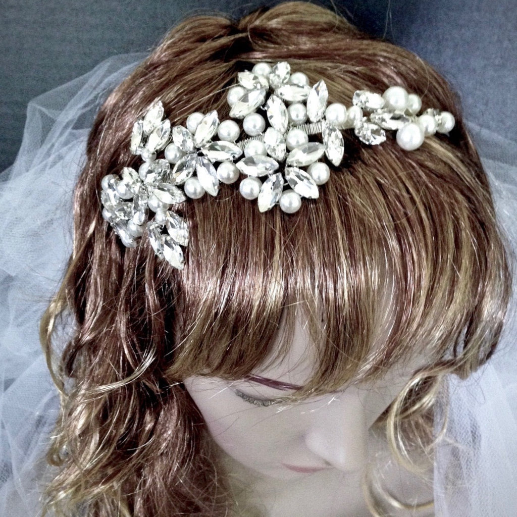 Wedding Hair Accessories - Silver Pearl and Crystal Bridal Side-Headband