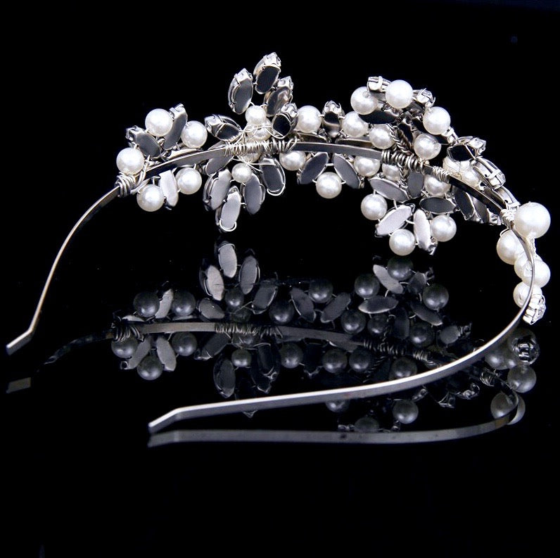 Wedding Hair Accessories - Silver Pearl and Crystal Bridal Side-Headband