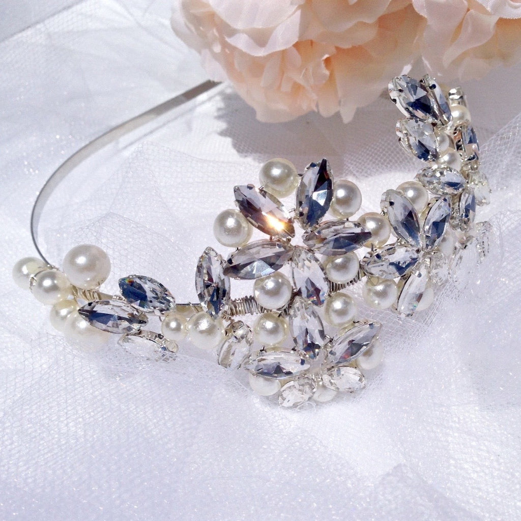 Wedding Hair Accessories - Silver Pearl and Crystal Bridal Side-Headband