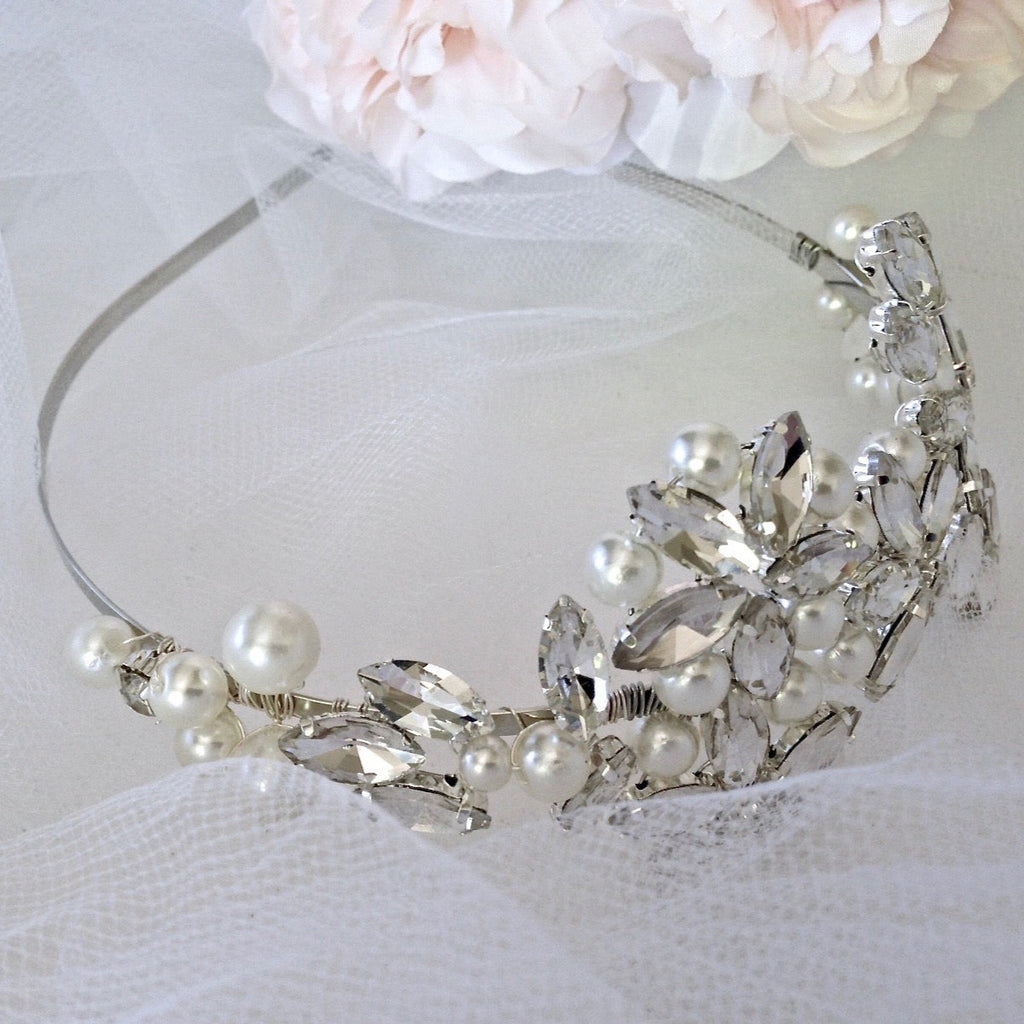 Wedding Hair Accessories - Silver Pearl and Crystal Bridal Side-Headband