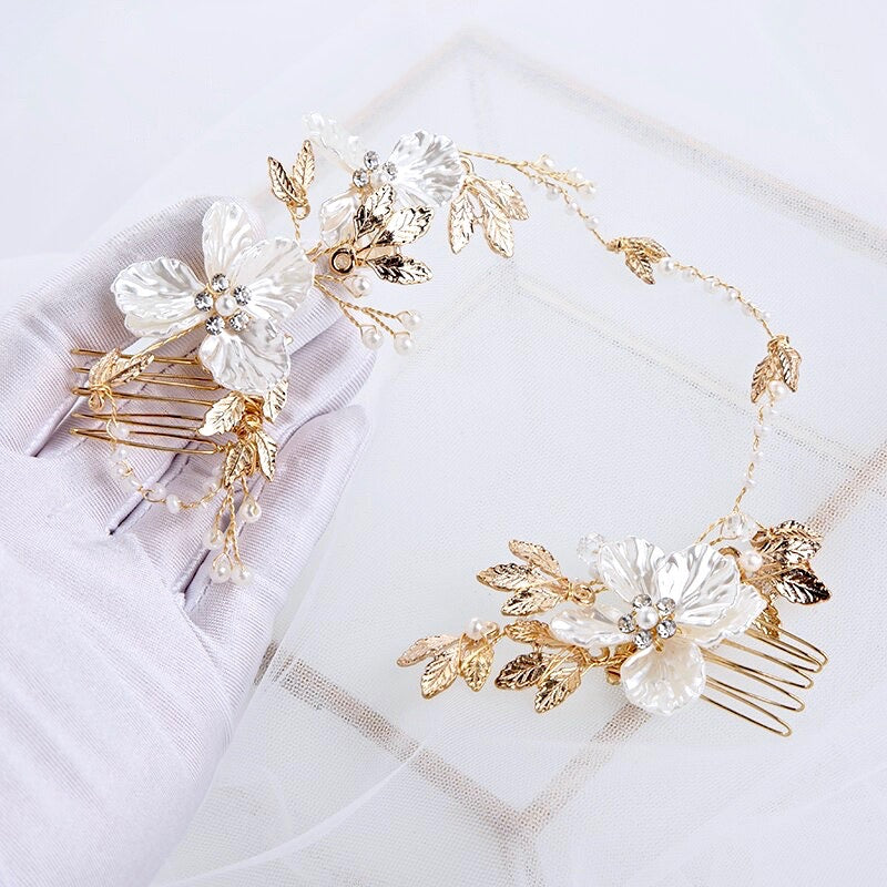 Wedding Hair Accessories - Gold Pearl and Crystal Bridal Headband