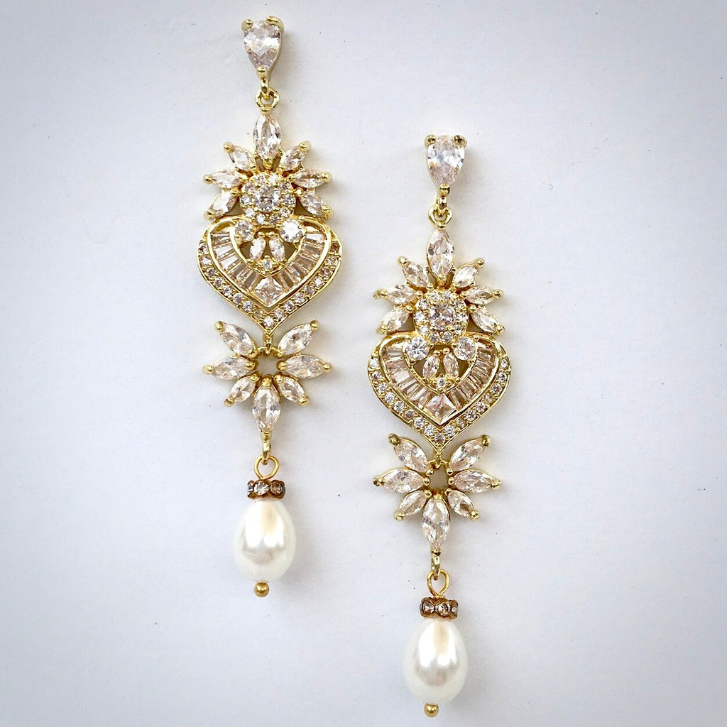 Wedding Jewelry - Art Deco Pearl and CZ Bridal Earrings - Available in Silver, Rose Gold and Yellow Gold
