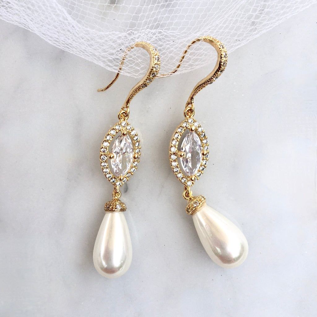 Pearl Wedding Jewelry - Pearl and CZ Bridal Earrings - Available in Silver and Yellow Gold