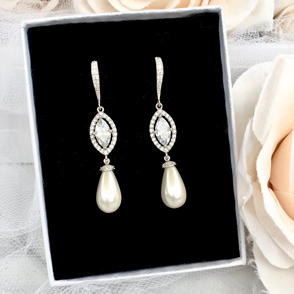 Pearl Wedding Jewelry - Pearl and CZ Bridal Earrings - Available in Silver and Yellow Gold