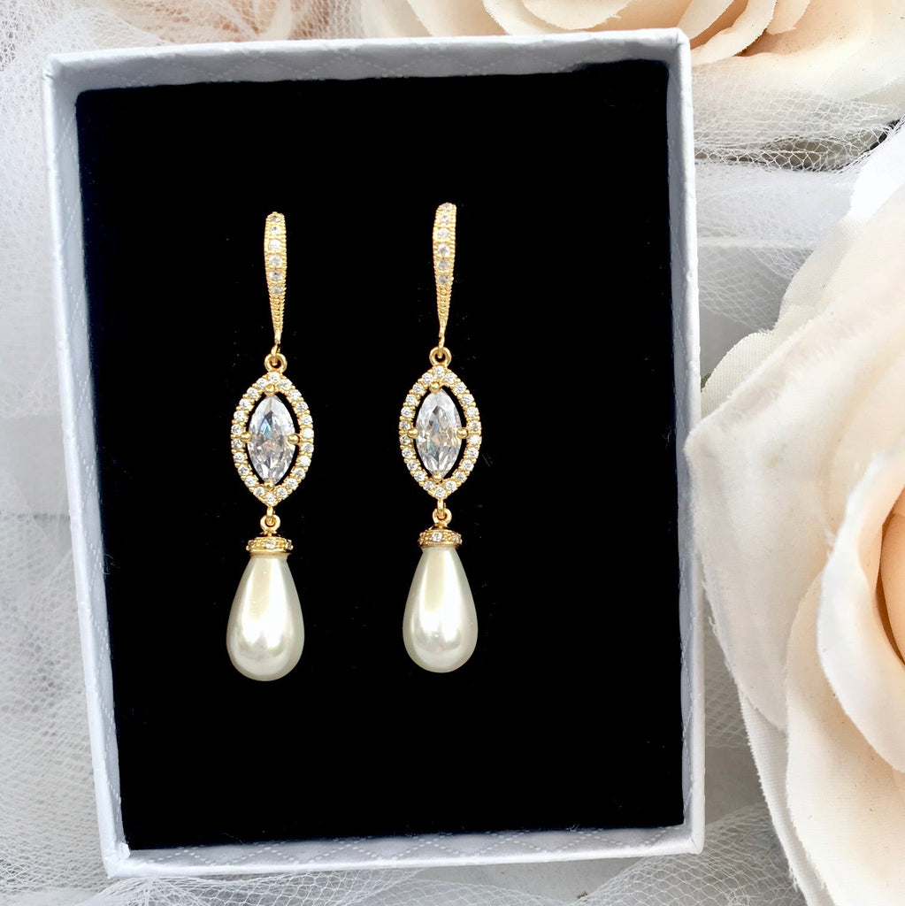 Pearl Wedding Jewelry - Pearl and CZ Bridal Earrings - Available in Silver and Yellow Gold