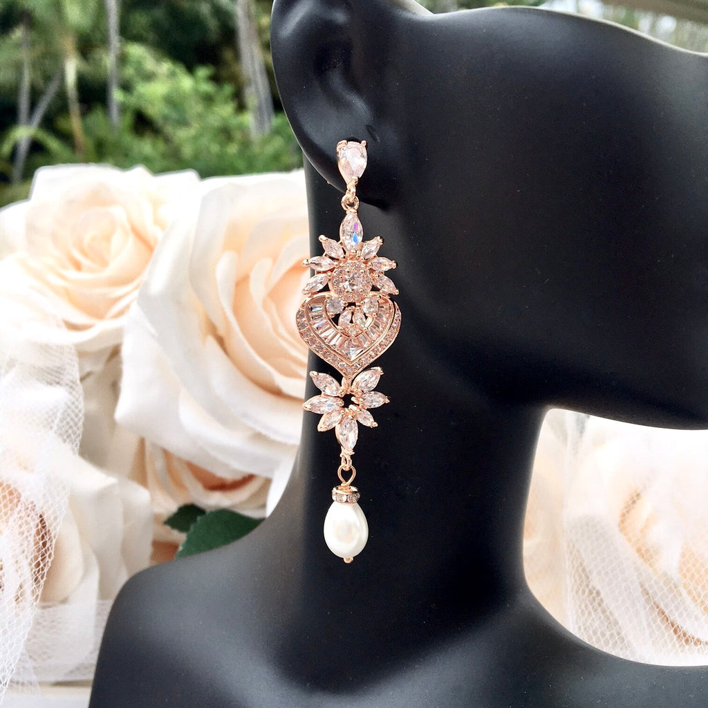 Wedding Jewelry - Art Deco Pearl and CZ Bridal Earrings - Available in Silver, Rose Gold and Yellow Gold