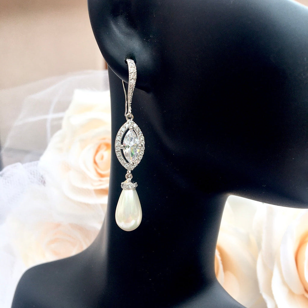 Pearl Wedding Jewelry - Pearl and CZ Bridal Earrings - Available in Silver and Yellow Gold