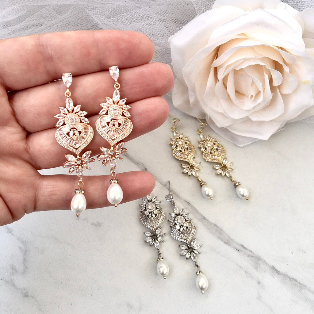Wedding Jewelry Art Deco Pearl and CZ Bridal Earrings Available in Silver Rose Gold and Yellow Gold ADORA by Simona
