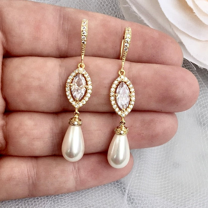 Pearl Wedding Jewelry - Pearl and CZ Bridal Earrings - Available in Silver and Yellow Gold