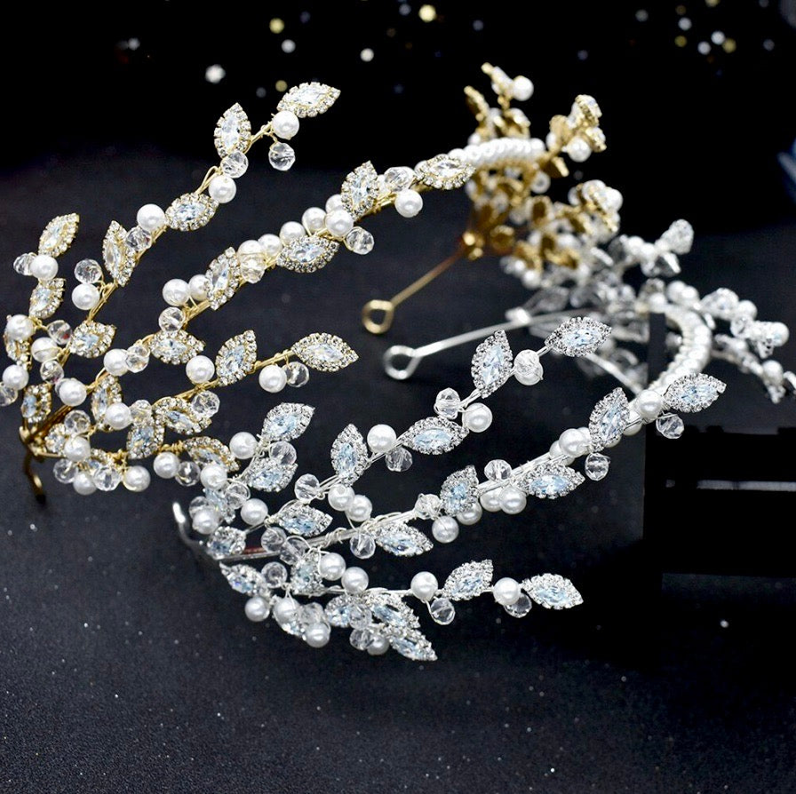 Miami Pearl and Crystal Bridal Headband Available in Silver and Gold