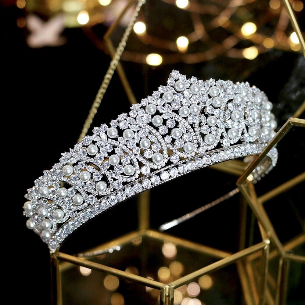 Wedding Hair Accessories - Silver Pearl and Cubic Zirconia Tiara