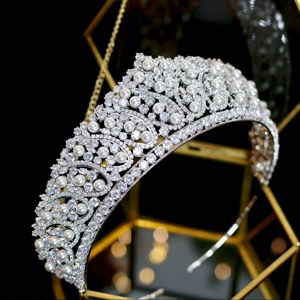 Wedding Hair Accessories - Silver Pearl and Cubic Zirconia Tiara