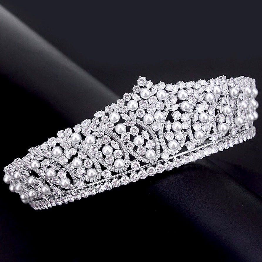 Wedding Hair Accessories - Silver Pearl and Cubic Zirconia Tiara