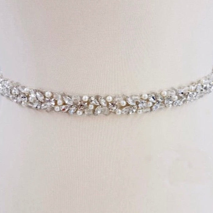 "Jordan" - Silver Pearl and Crystal Bridal Belt/Sash